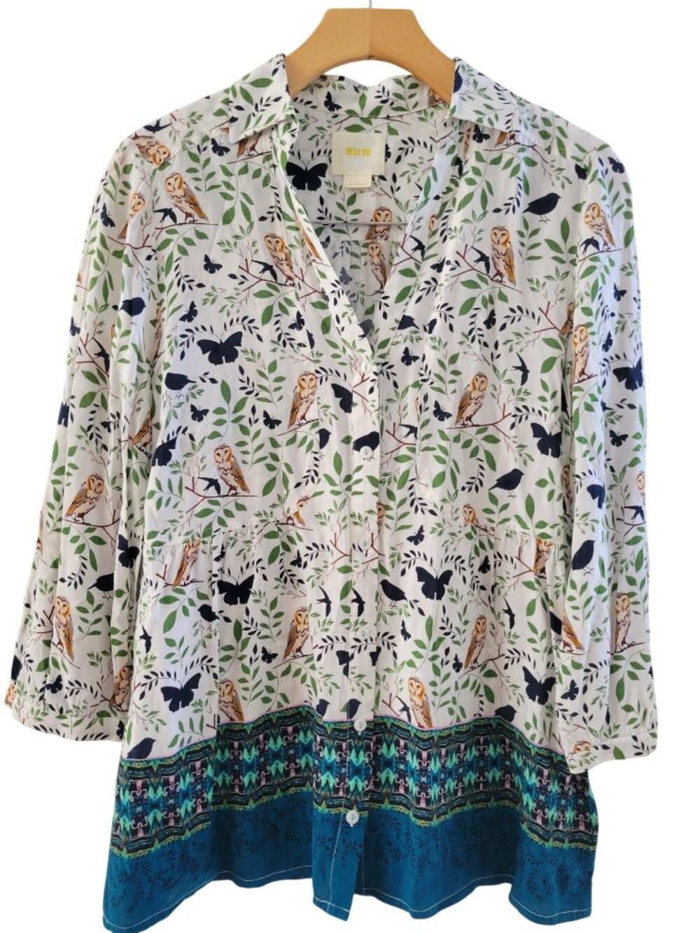 Anthropologie Maeve Woodland Owl Print Tunic Top size 8 Nature Boho